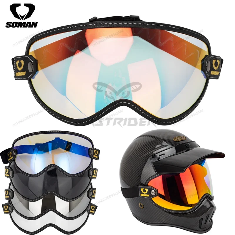 Vintage Open Face Retro Helmet - Occhiali da Moto Vintage SOMAN, Visiera